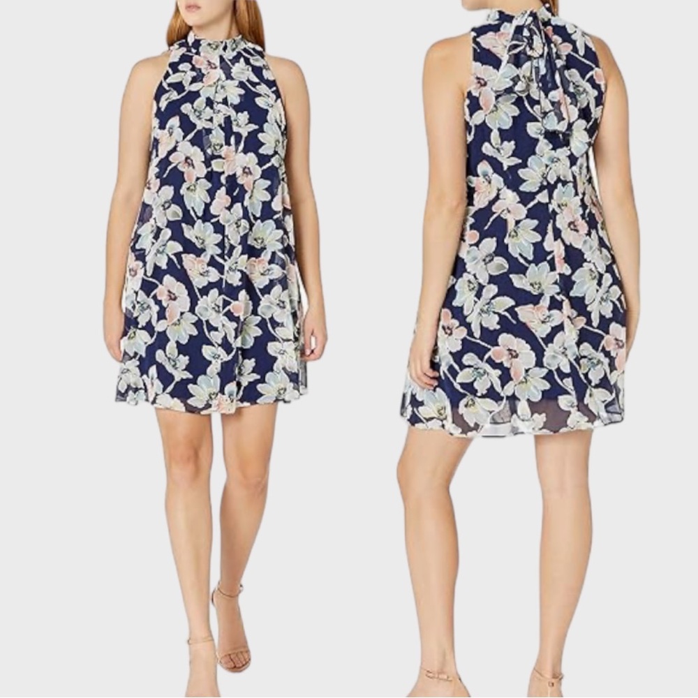 Robbie Bee Navy Floral Mock Neck Chiffon Shift Dress Size 16